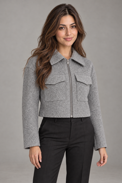 Bloodnew – Manteau en laine zippé col cranté – Gris fleuri – close