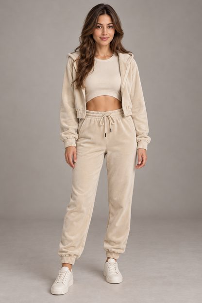 Bloodnew – Ensemble velours 3 pièces sweat à capuche et pantalon – Blanc lait – full