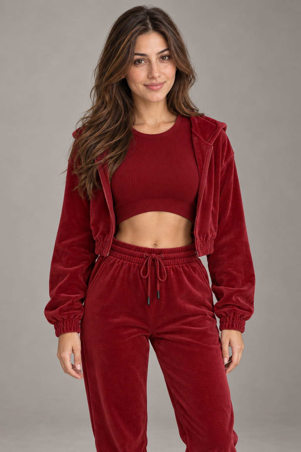 Bloodnew – Ensemble velours 3 pièces sweat à capuche et pantalon – Bordeaux – close