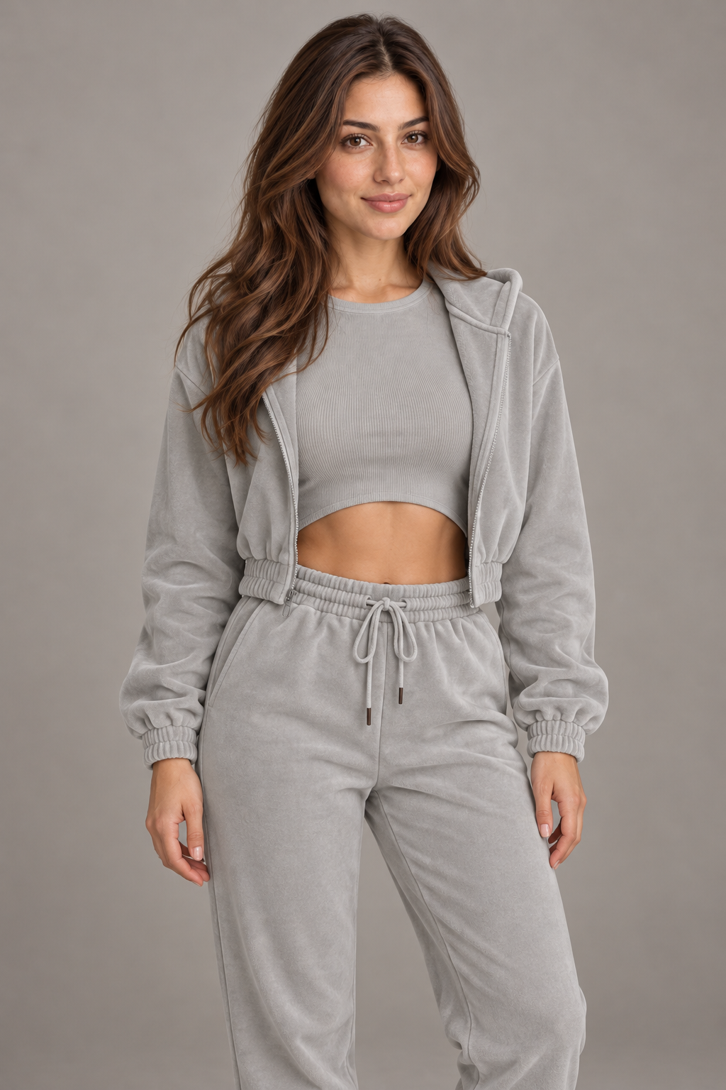 Bloodnew – Ensemble velours 3 pièces sweat à capuche et pantalon – Gris – close