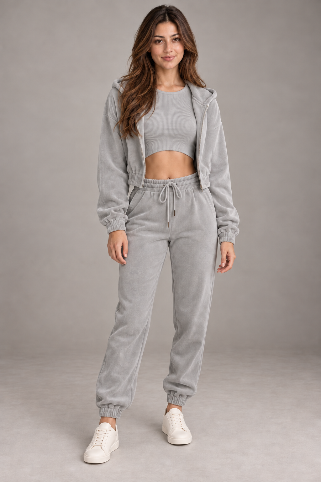 Bloodnew – Ensemble velours 3 pièces sweat à capuche et pantalon – Gris – full
