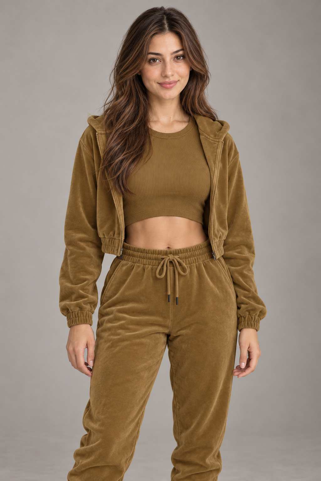 Bloodnew – Ensemble velours 3 pièces sweat à capuche et pantalon – Marron clair – close