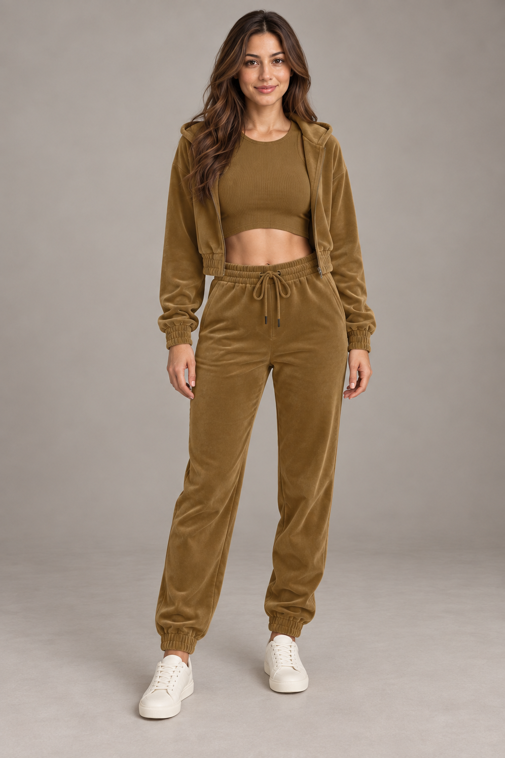 Bloodnew – Ensemble velours 3 pièces sweat à capuche et pantalon – Marron clair – full