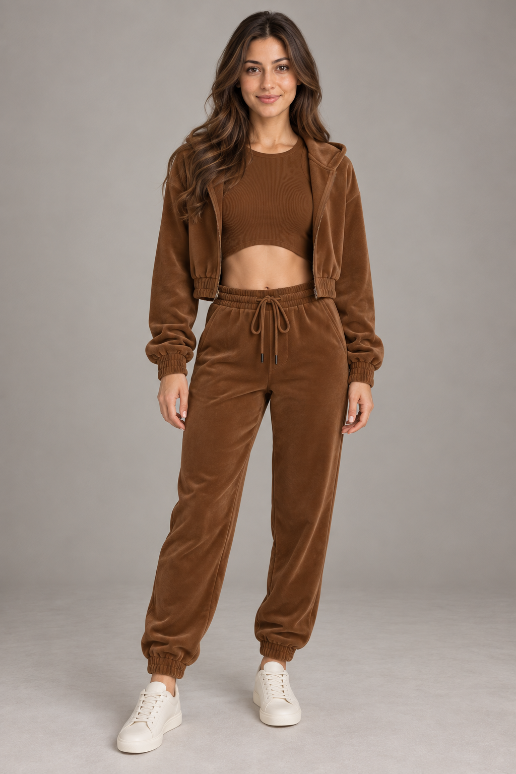 Bloodnew – Ensemble velours 3 pièces sweat à capuche et pantalon – Marron – full