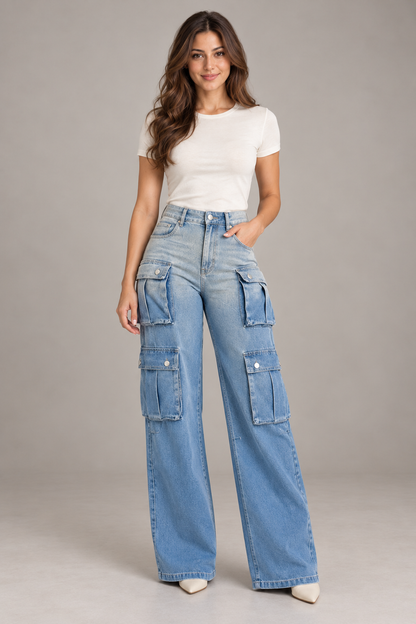 Bloodnew – Pantalon Cargo Large Dégradé Multi-Poches – Bleu – modèle – full