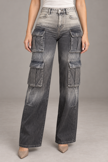 Bloodnew – Pantalon Cargo Large Dégradé Multi-Poches – Gris – modèle porté – close – YlsG4o