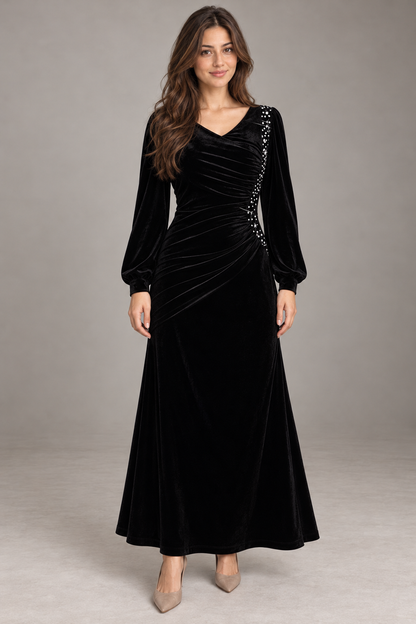 Bloodnew – Robe Longue Velours Manches Lanterne Col V Sirène – Noir – modèle porté – full – 83UWII