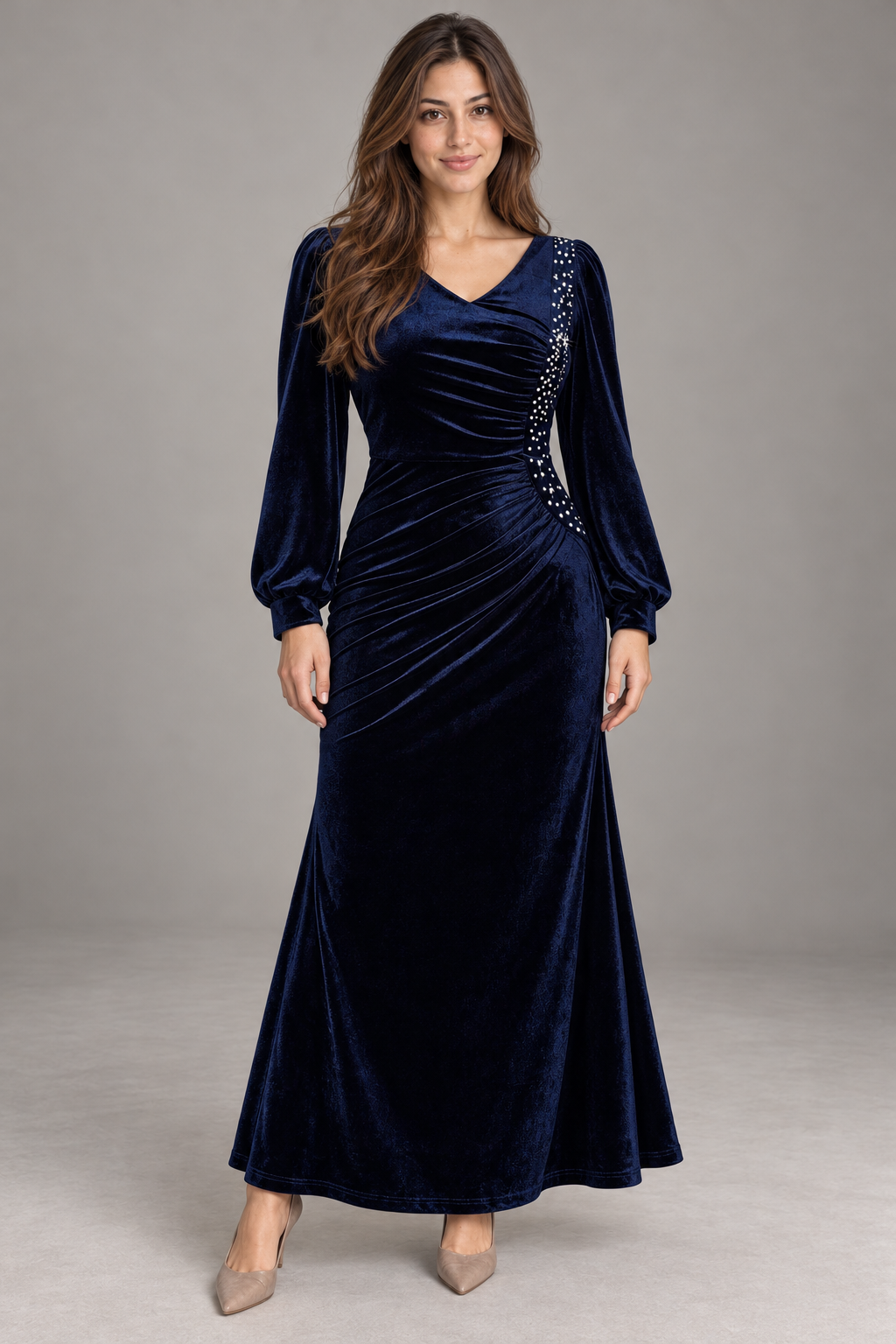 Bloodnew – Robe Longue Velours Manches Lanterne Col V Sirène – Bleu Foncé – modèle porté – full – 83UWII