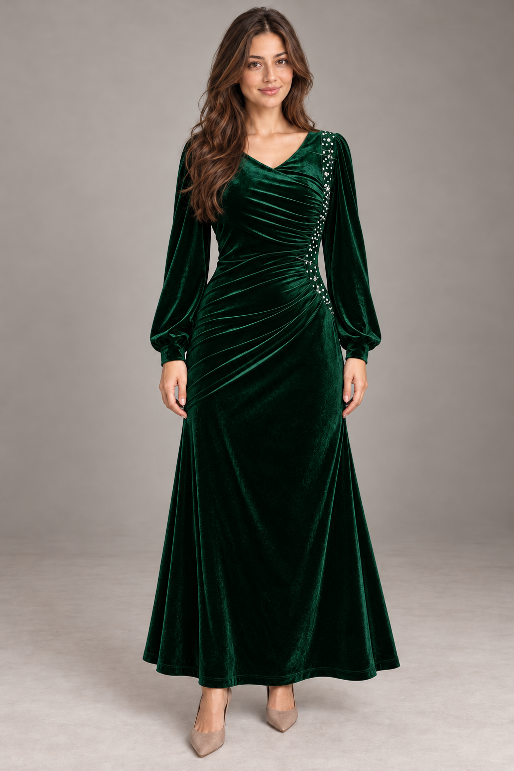 Bloodnew – Robe Longue Velours Manches Lanterne Col V Sirène – Vert – modèle porté – full – 83UWII