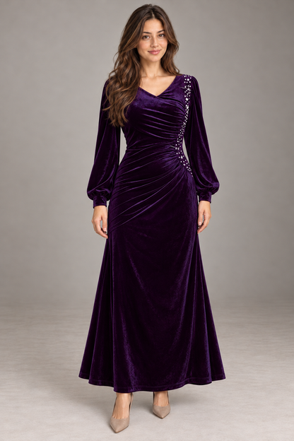 Bloodnew – Robe Longue Velours Manches Lanterne Col V Sirène – Violet – modèle porté – full – 83UWII