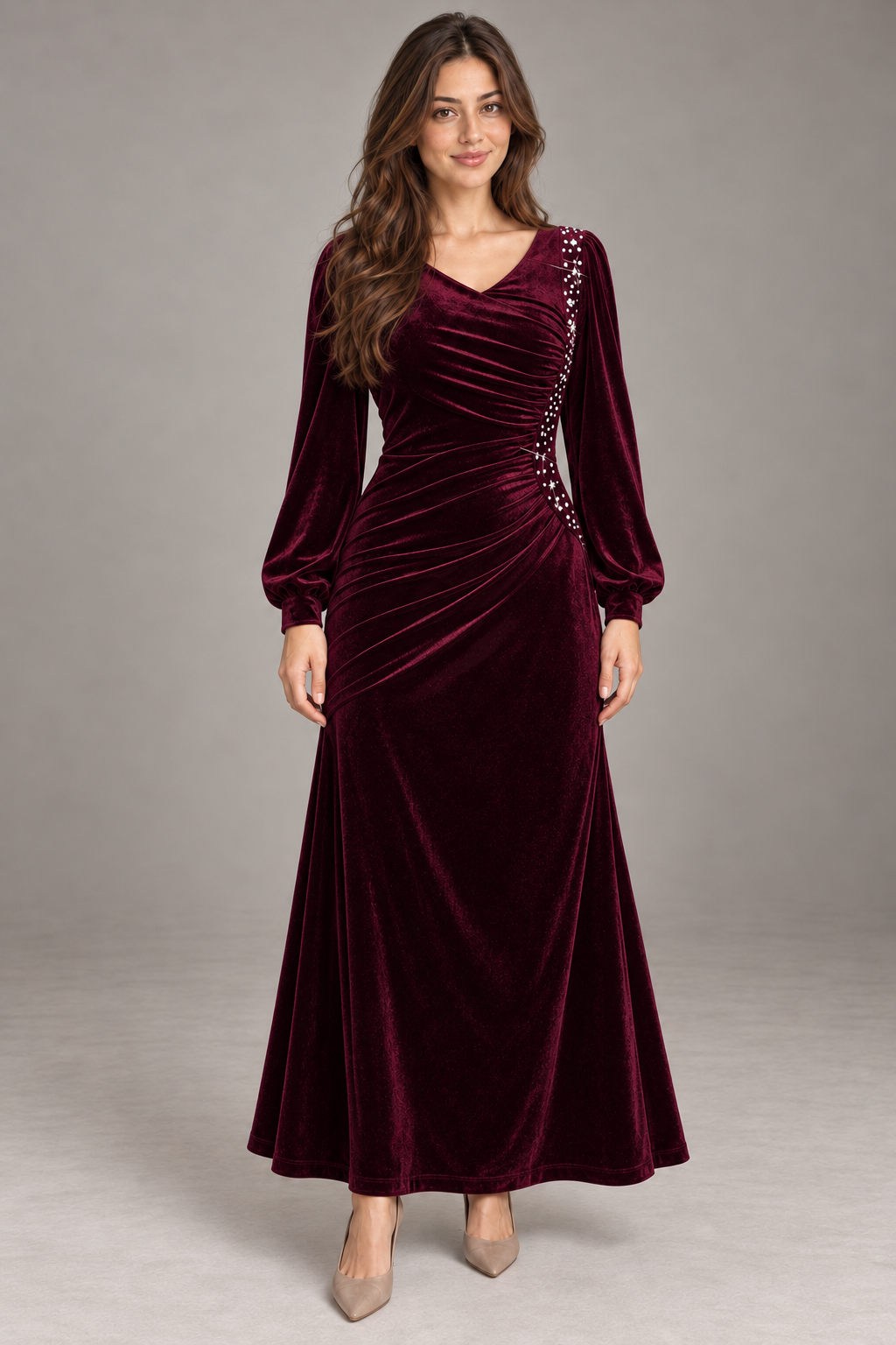 Bloodnew – Robe Longue Velours Manches Lanterne Col V Sirène – Bordeaux – modèle porté – full – 83UWII