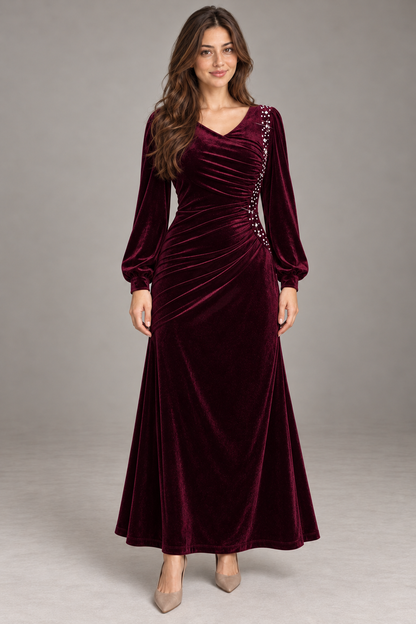 Bloodnew – Robe Longue Velours Manches Lanterne Col V Sirène – Bordeaux – modèle porté – full – 83UWII