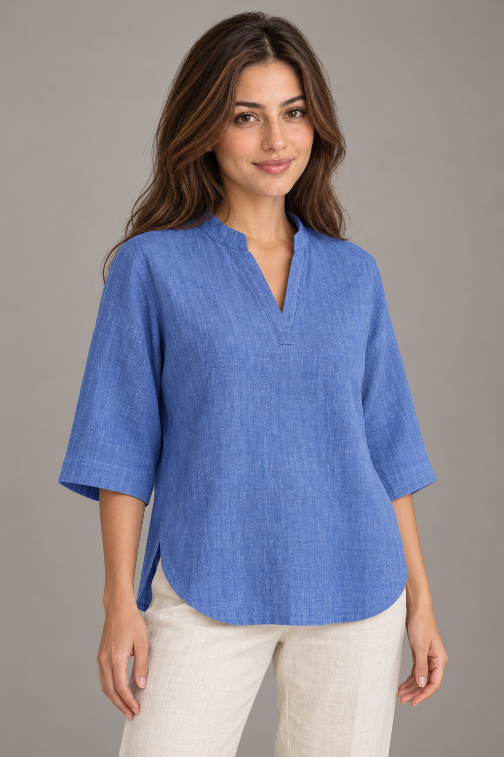 Bloodnew – Chemise Lin et Coton Col V Manches 3/4 Ample – Bleu – modèle – close