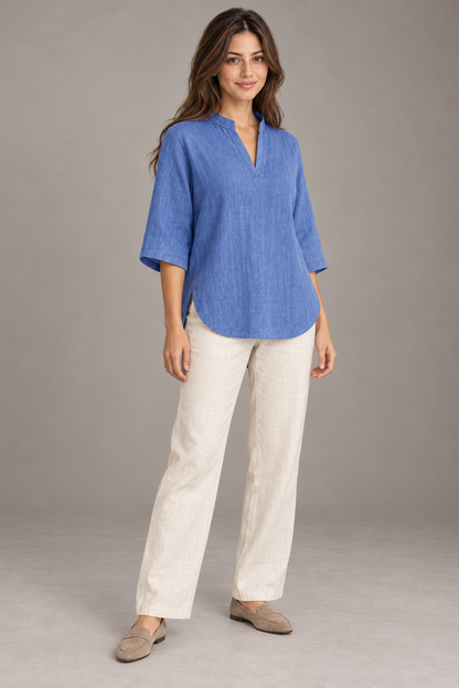 Bloodnew – Chemise Lin et Coton Col V Manches 3/4 Ample – Bleu – modèle – full