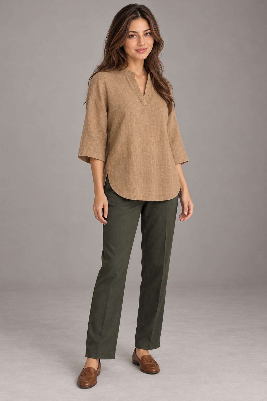 Bloodnew – Chemise Lin et Coton Col V Manches 3/4 Ample – Kaki – modèle – full