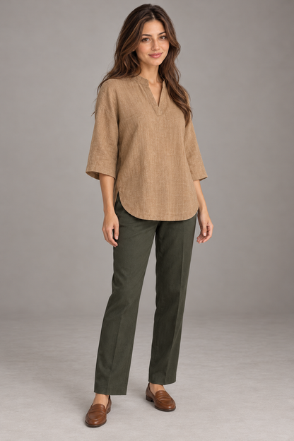 Bloodnew – Chemise Lin et Coton Col V Manches 3/4 Ample – Kaki – modèle – full