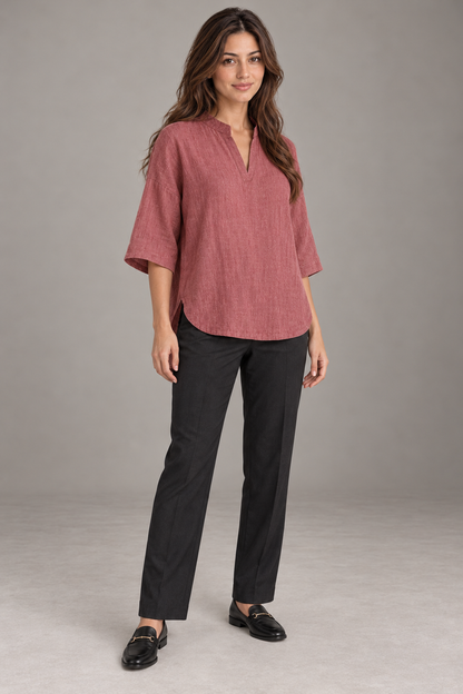 Bloodnew – Chemise Lin et Coton Col V Manches 3/4 Ample – Rouge Brique – modèle – full