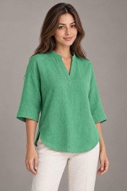 Bloodnew – Chemise Lin et Coton Col V Manches 3/4 Ample – Vert – modèle – close
