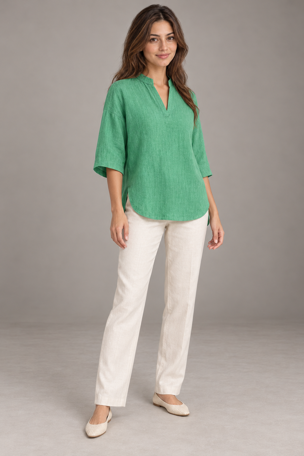 Bloodnew – Chemise Lin et Coton Col V Manches 3/4 Ample – Vert – modèle – full