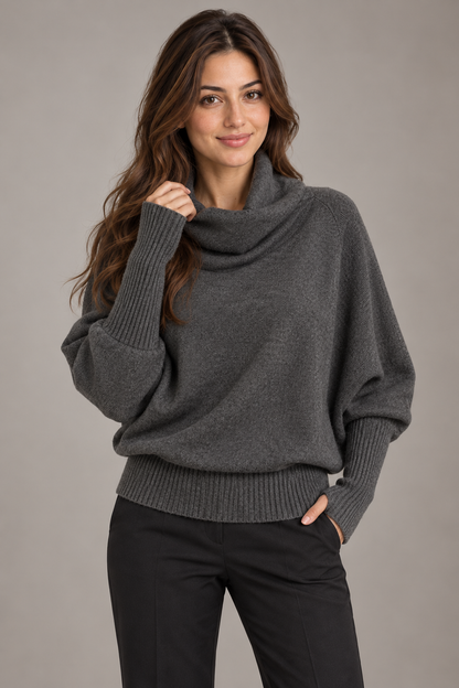 Bloodnew – Pull Col Haut Manches Chauve-Souris Gris Rétro – Gris Foncé – modèle – close