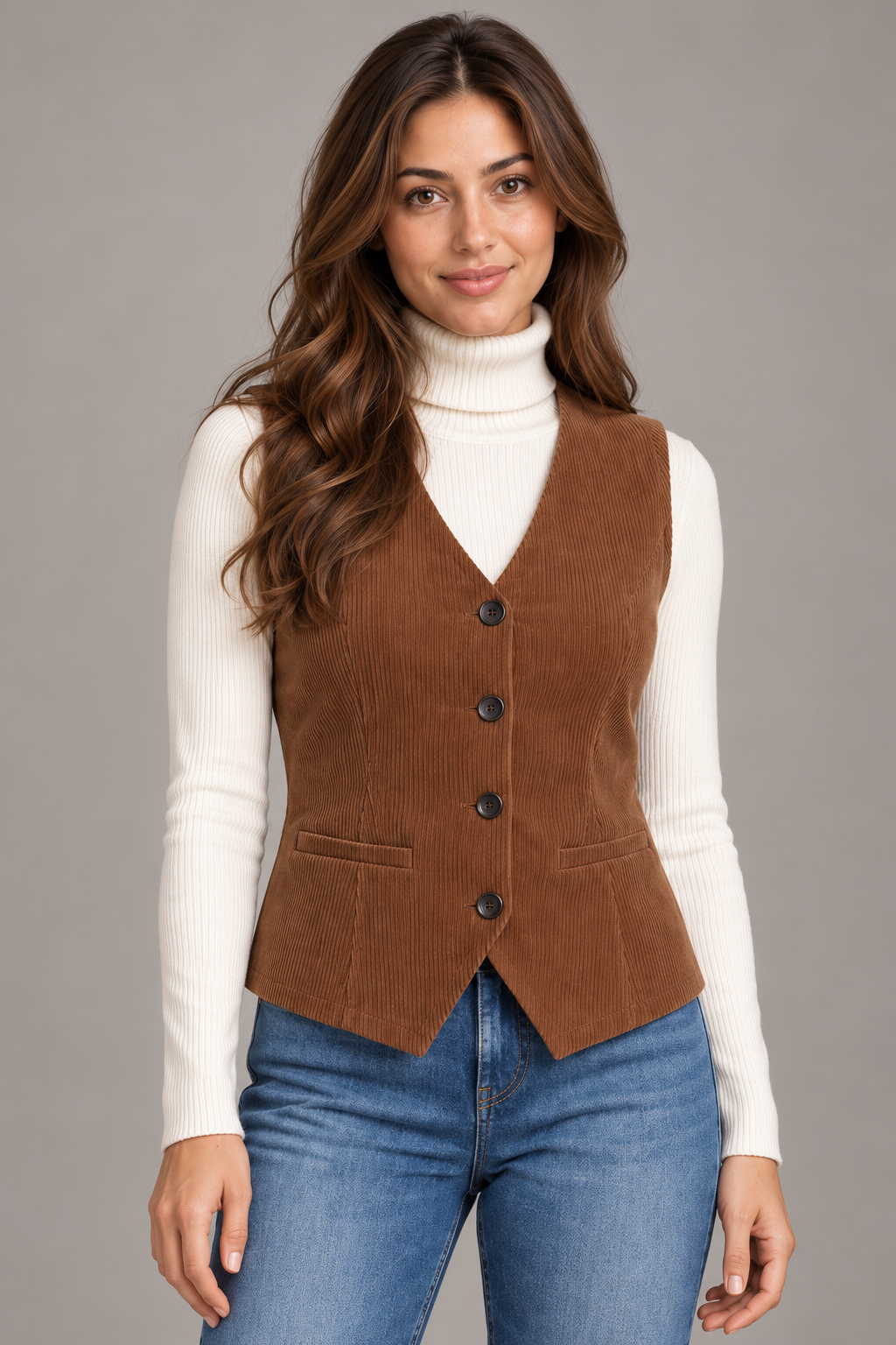 Bloodnew – Gilet Sans Manches Velours Côtelé Rétro Grande Taille – Marron Clair – modèle – close