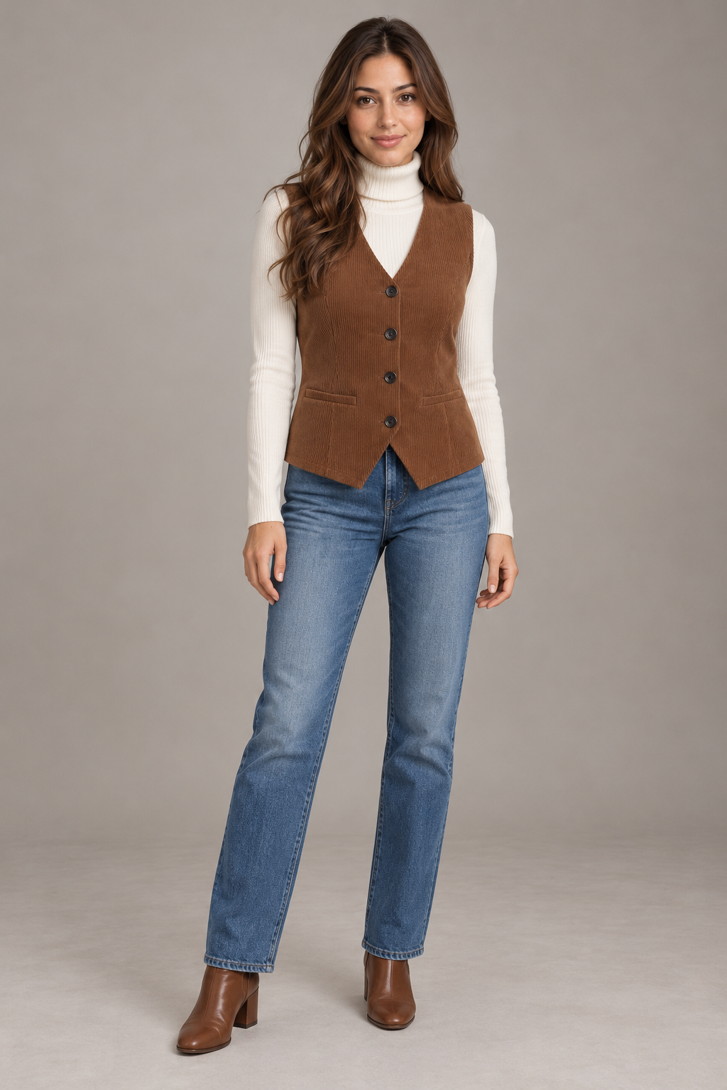 Bloodnew – Gilet Sans Manches Velours Côtelé Rétro Grande Taille – Marron Clair – modèle – full
