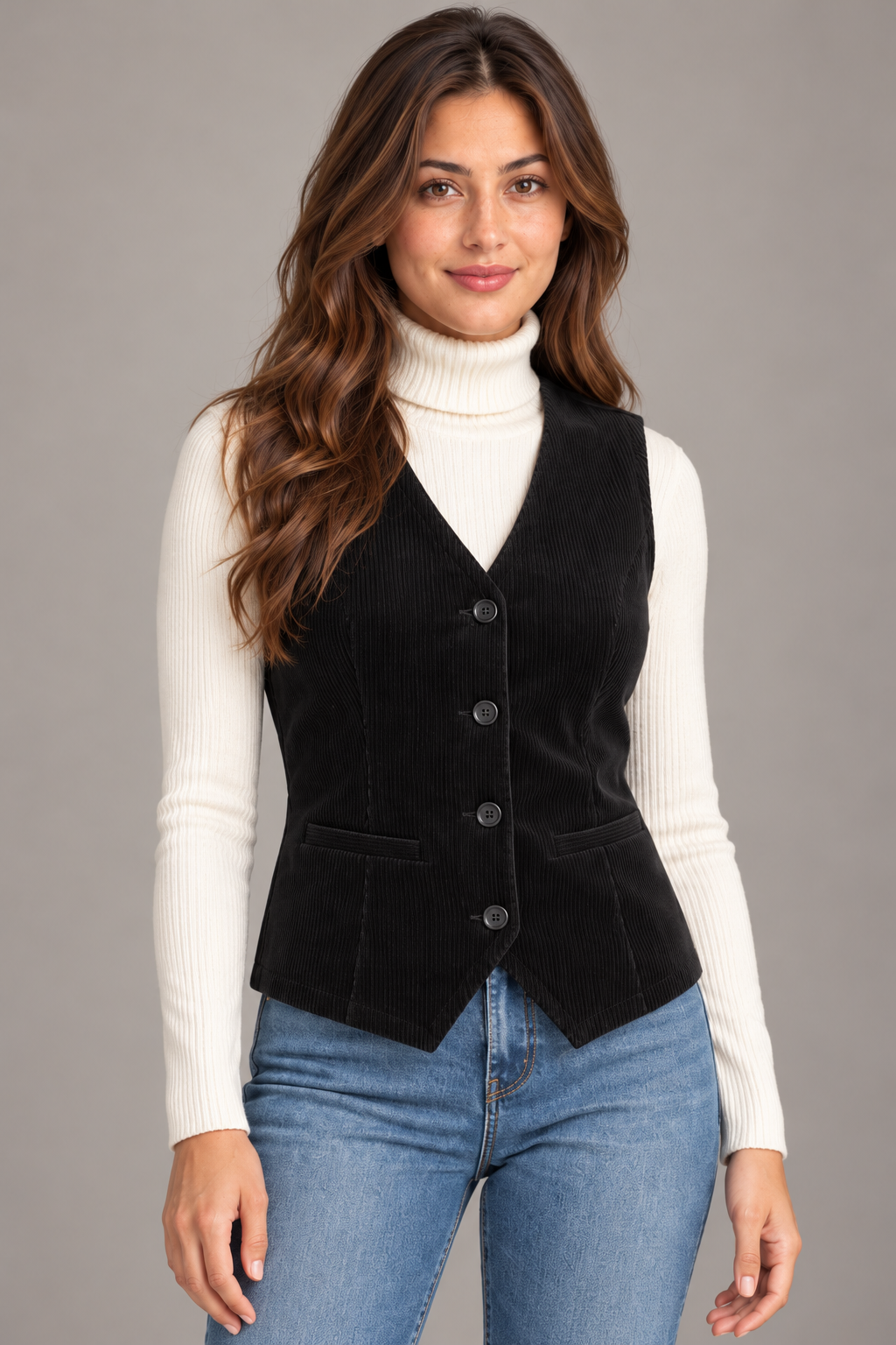 Bloodnew – Gilet Sans Manches Velours Côtelé Rétro Grande Taille – Noir – modèle – close