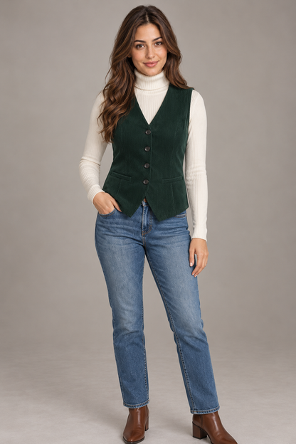 Bloodnew – Gilet Sans Manches Velours Côtelé Rétro Grande Taille – Vert – modèle – full