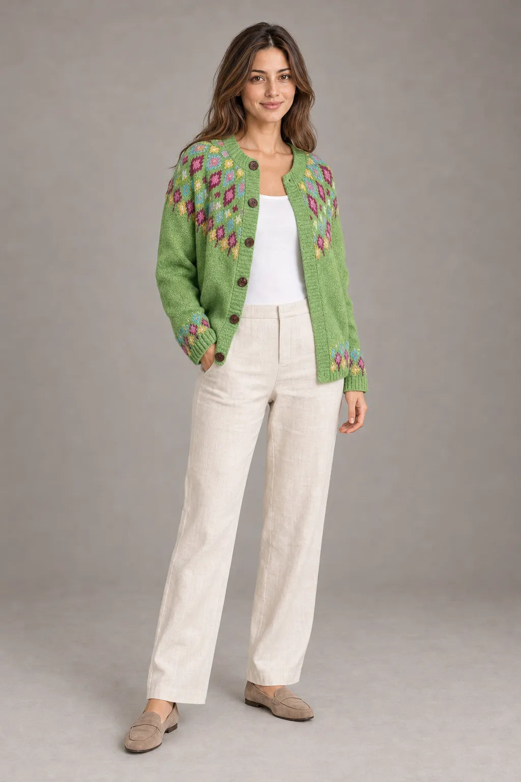 Bloodnew – Cardigan Jacquard Nordique Boutonné Col Rond – Motif 10 – porté en entier