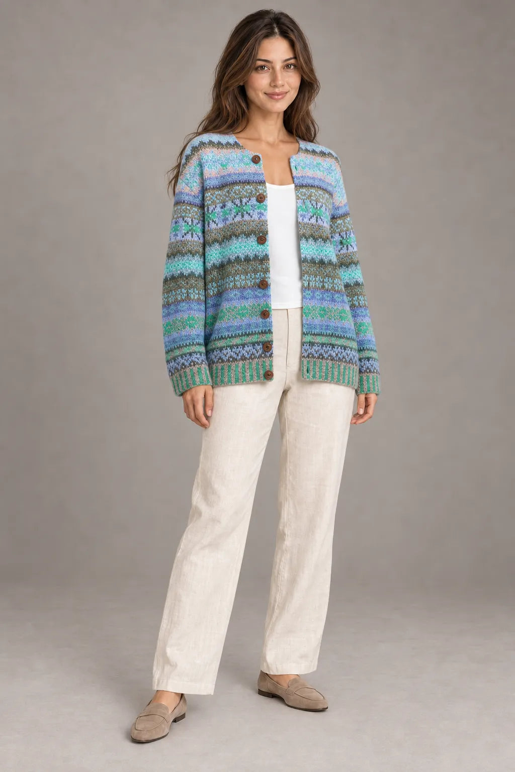 Bloodnew – Cardigan Jacquard Nordique Boutonné Col Rond – Motif 12 – porté en entier