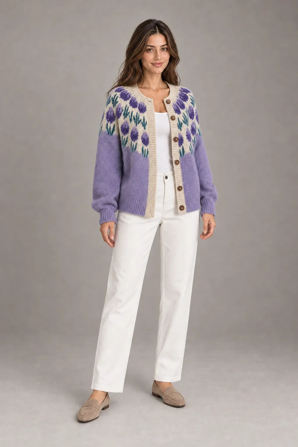 Bloodnew – Cardigan Jacquard Nordique Boutonné Col Rond – Motif 1 – porté en entier
