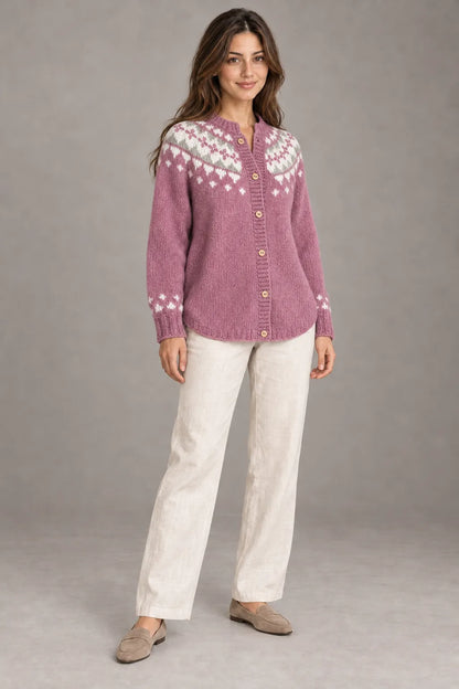 Bloodnew – Cardigan Jacquard Nordique Boutonné Col Rond – Motif 3 – porté en entier