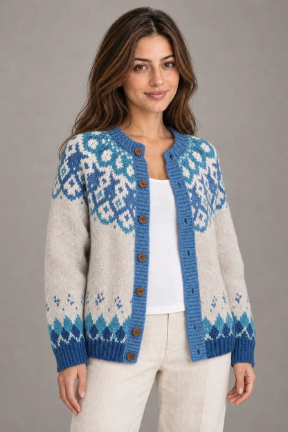Bloodnew – Cardigan Jacquard Nordique Boutonné Col Rond – Motif 5 – porté de près