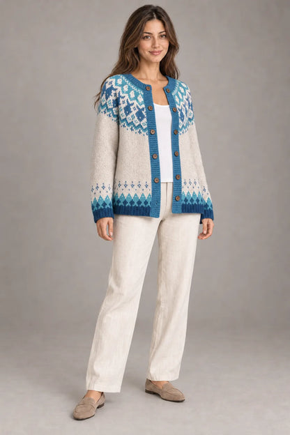 Bloodnew – Cardigan Jacquard Nordique Boutonné Col Rond – Motif 5 – porté en entier