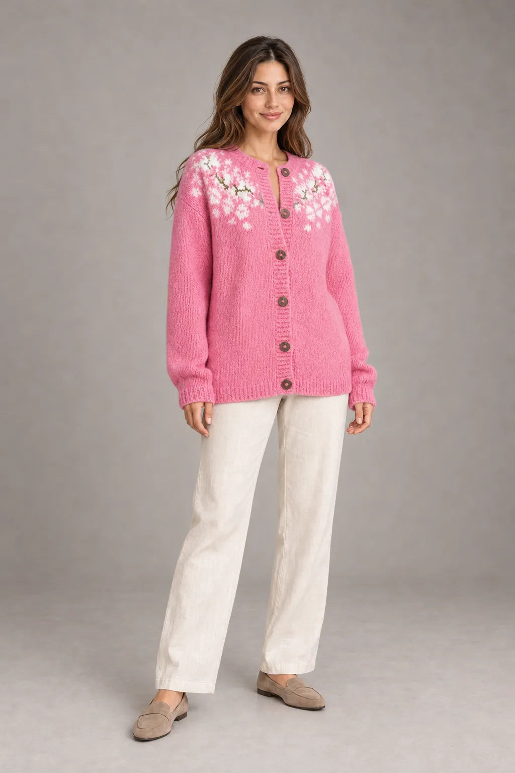 Bloodnew – Cardigan Jacquard Nordique Boutonné Col Rond – Motif 6 – porté en entier