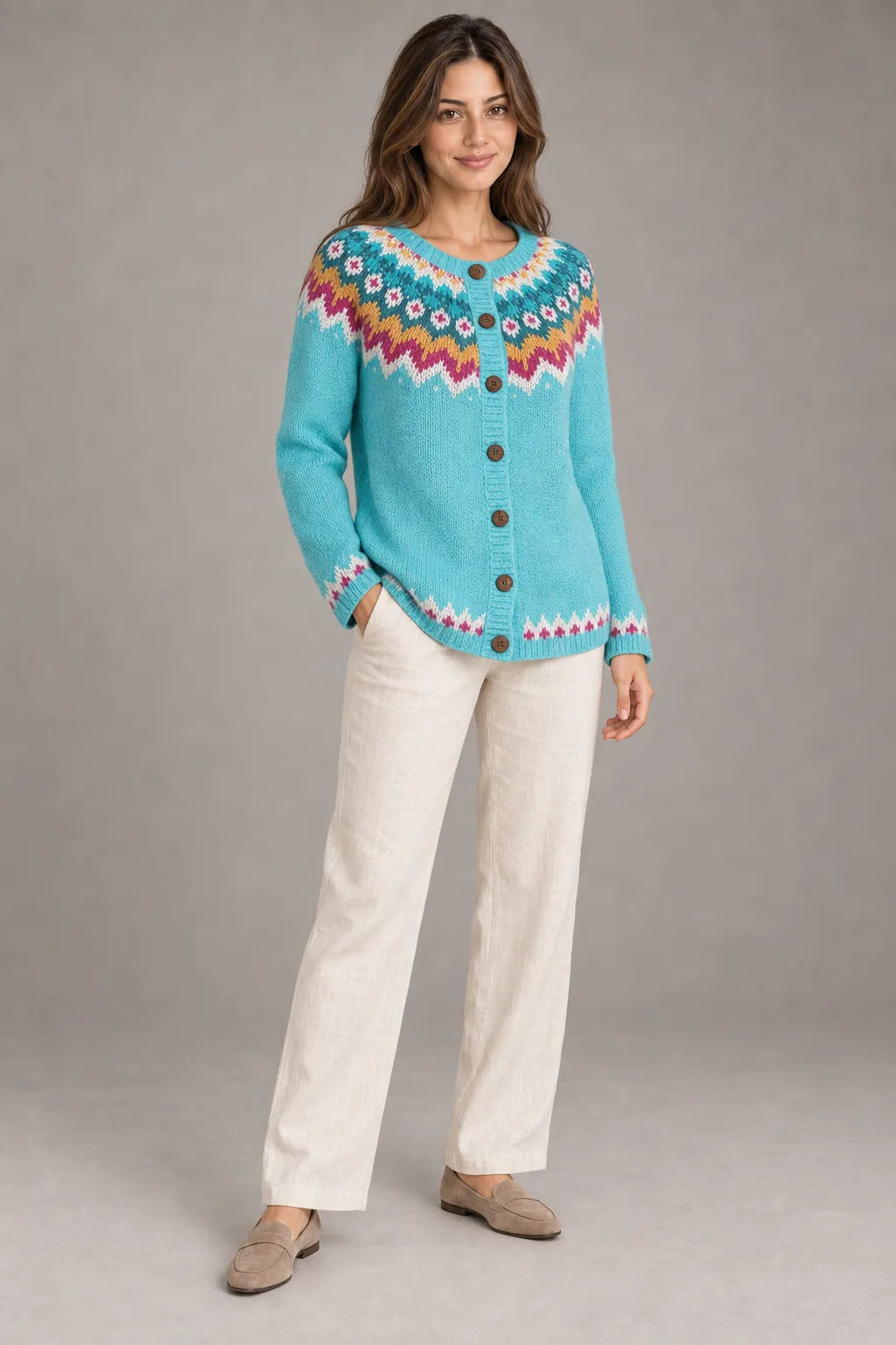 Bloodnew – Cardigan Jacquard Nordique Boutonné Col Rond – Motif 7 – porté en entier