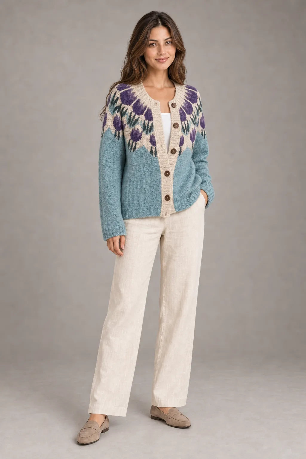 Bloodnew – Cardigan Jacquard Nordique Boutonné Col Rond – Motif 8 – porté en entier