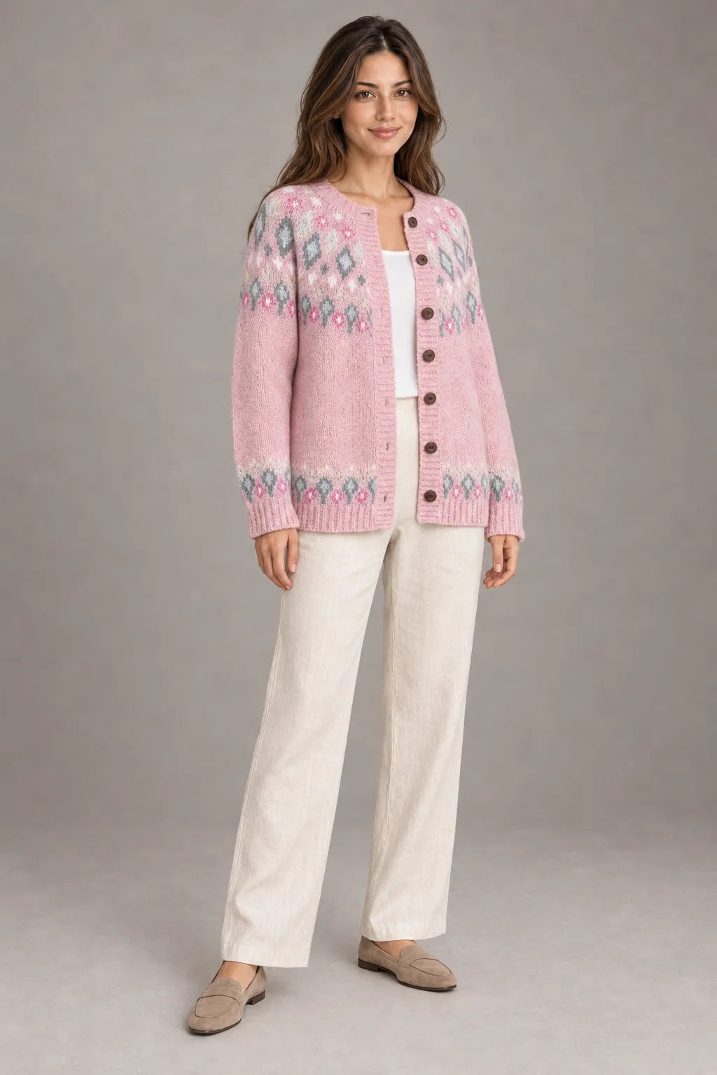 Bloodnew – Cardigan Jacquard Nordique Boutonné Col Rond – Motif 9 – porté en entier