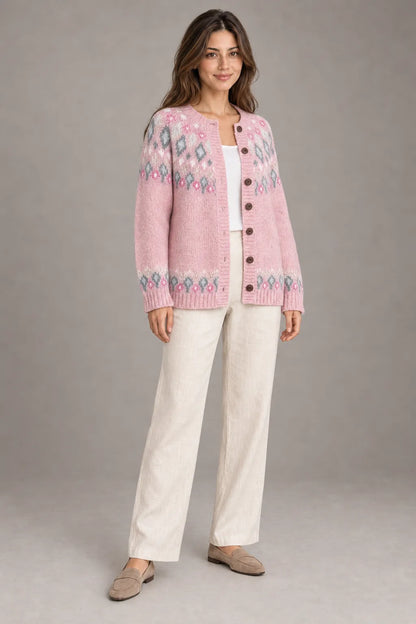 Bloodnew – Cardigan Jacquard Nordique Boutonné Col Rond – Motif 9 – porté en entier