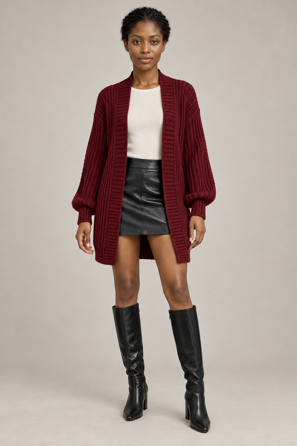 Manteau long en maille 100% – Bordeaux