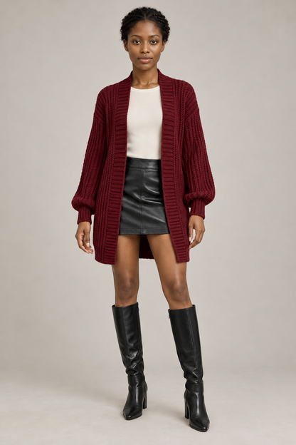Manteau long en maille 100% – Bordeaux