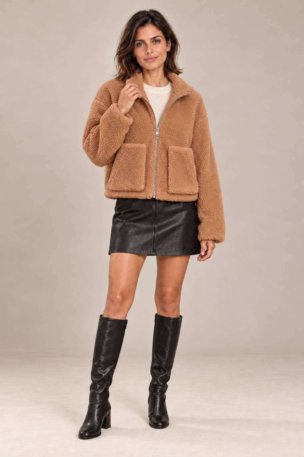 Fashion Plush Cardigan Short Jacket Women Lamb Wool Coat – Camel