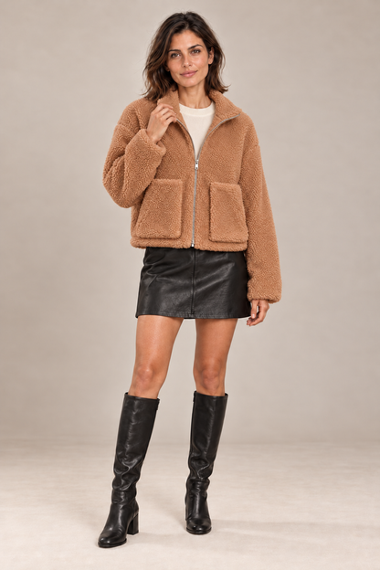 Fashion Plush Cardigan Short Jacket Women Lamb Wool Coat – Camel