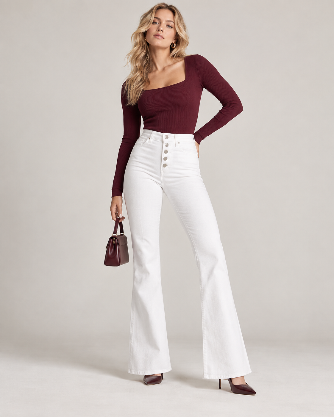 Pantalon flare blanc taille haute à boutons – Coupe élégante pour femme – Blanc