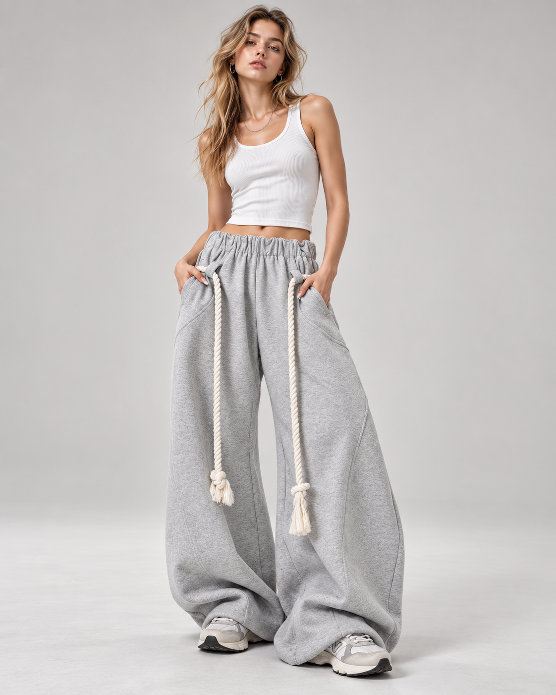 Pantalon de jogging gris à jambes larges, style rétro américain – Gris