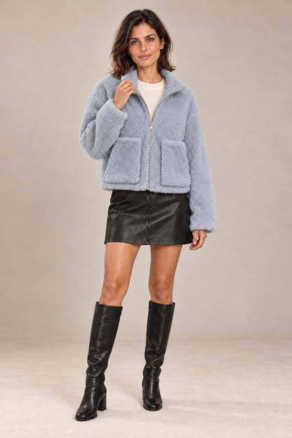 Fashion Plush Cardigan Short Jacket Women Lamb Wool Coat – Bleu