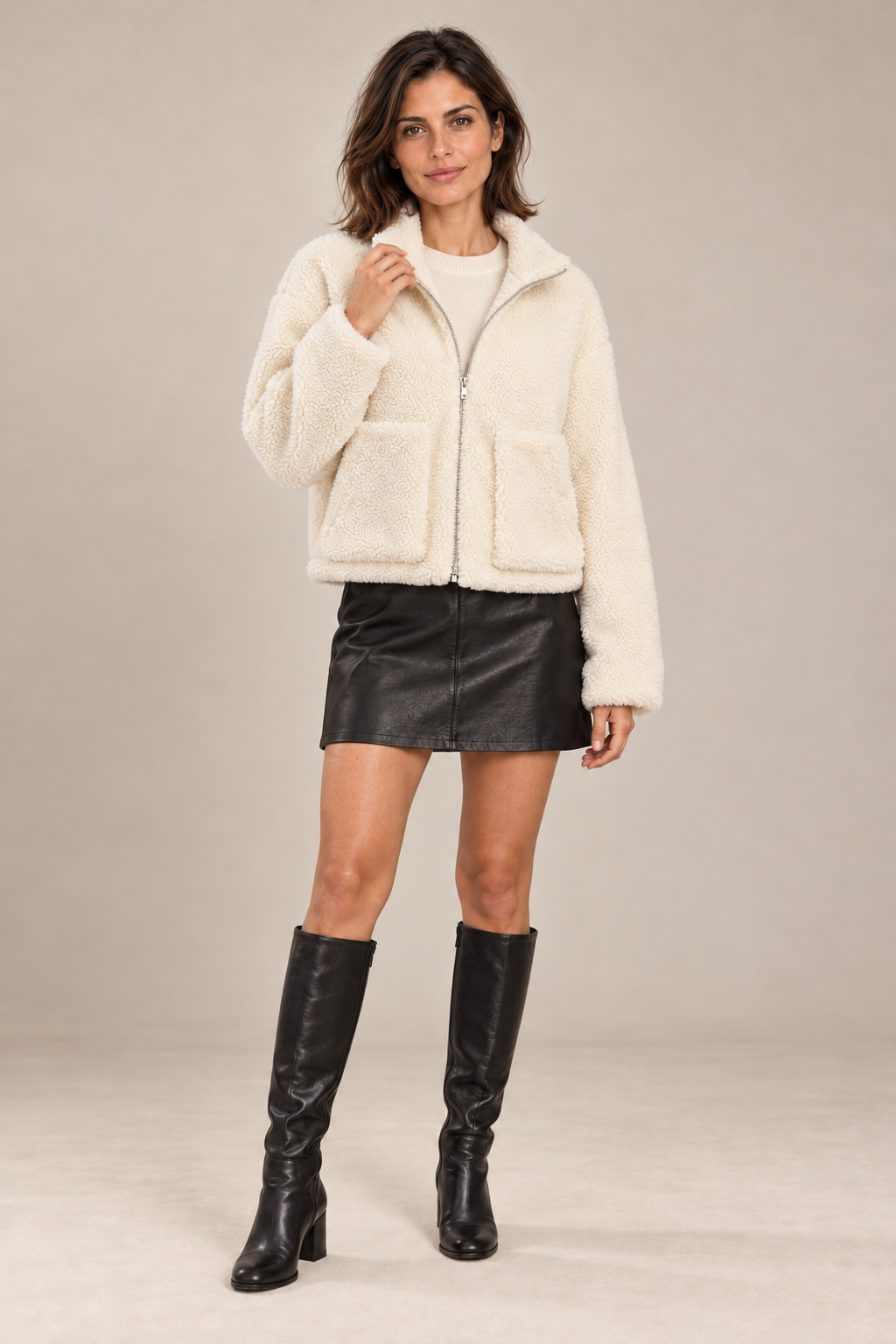 Fashion Plush Cardigan Short Jacket Women Lamb Wool Coat – Blanc