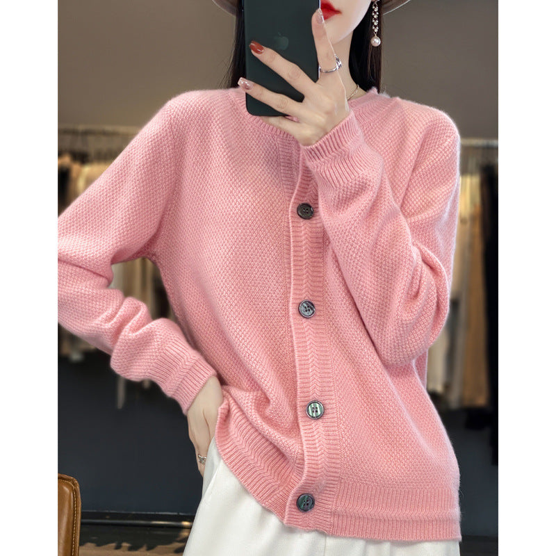 Cardigan ample en laine à col rond, couleur unie – Rose