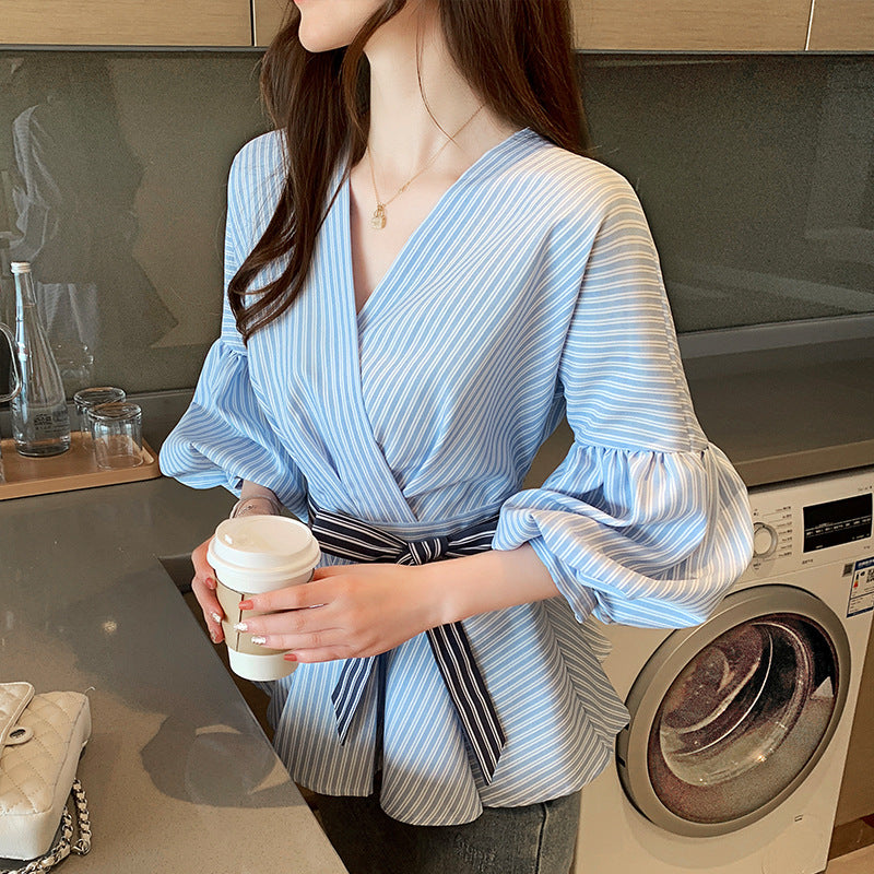 Lantern Sleeve Shirt Women Spring – Rayures