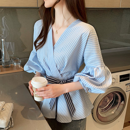 Lantern Sleeve Shirt Women Spring – Rayures